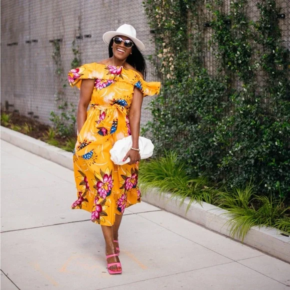 Grass-Fields Floral Off-Shoulder Midi Dress – Size 6 - Picture 4 of 15